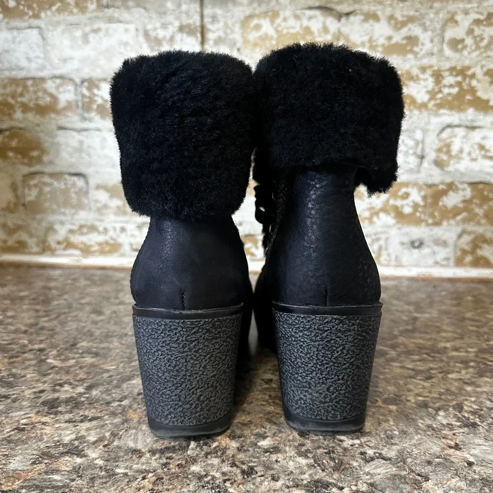 J.Crew Wedge Boots Women 7M Black Good Faux Fur Trim Hiker Leather Suede